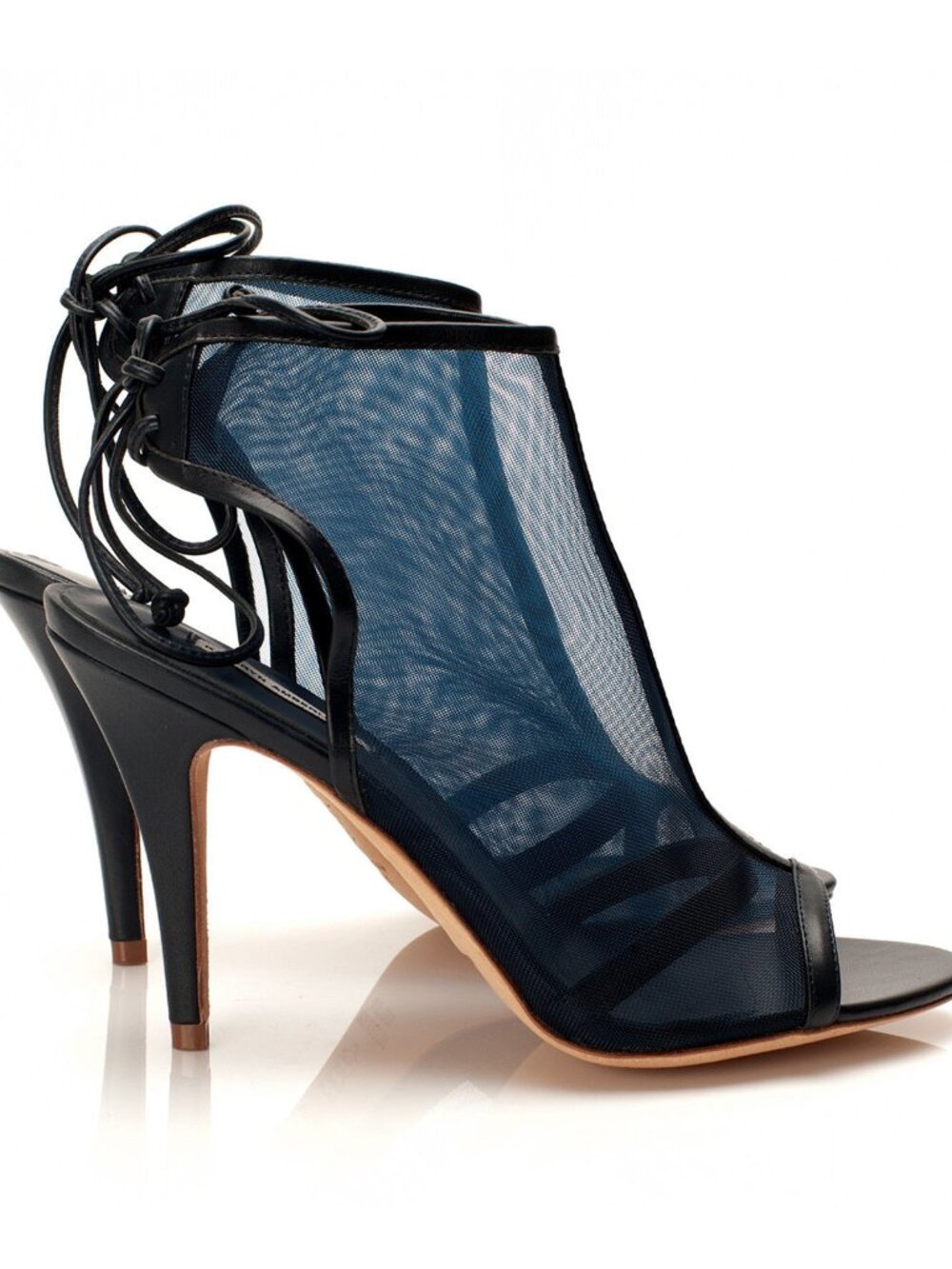 New Handmade Navy Blue Mesh & Genuine Leather Stiletto High Heels NYC Designer